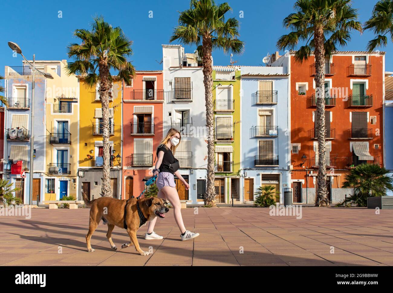 Giovane donna cammina cane di fronte a colorate case fronte spiaggia, Cases de Colors, Carrer Arsenal, Villajoyosa, Spagna Foto Stock