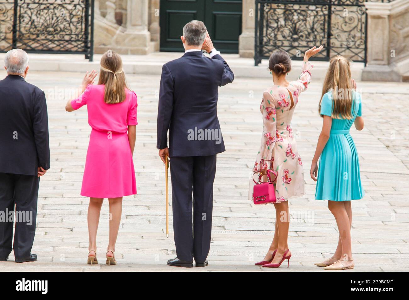 Re Felipe, la regina Letizia, la principessa Leonor e la principessa Sofia frequentano la giornata di San Giacomo alla Cattedrale di Santiago de Compostela, in Spagna, il 25 luglio 2021. Foto di Archie Andrews/ABACAPRESS.COM Foto Stock