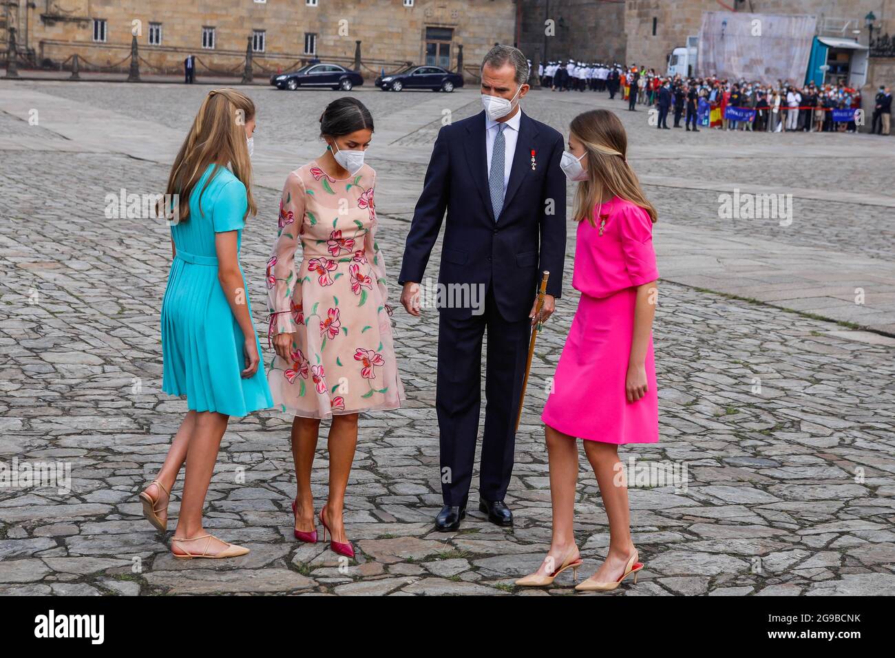 Re Felipe, la regina Letizia, la principessa Leonor e la principessa Sofia frequentano la giornata di San Giacomo alla Cattedrale di Santiago de Compostela, in Spagna, il 25 luglio 2021. Foto di Archie Andrews/ABACAPRESS.COM Foto Stock