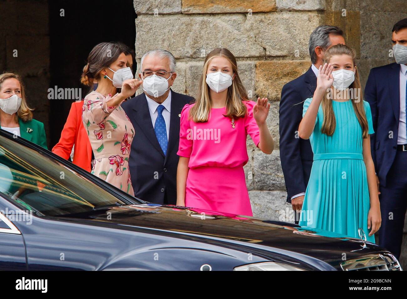 Re Felipe, la regina Letizia, la principessa Leonor e la principessa Sofia frequentano la giornata di San Giacomo alla Cattedrale di Santiago de Compostela, in Spagna, il 25 luglio 2021. Foto di Archie Andrews/ABACAPRESS.COM Foto Stock