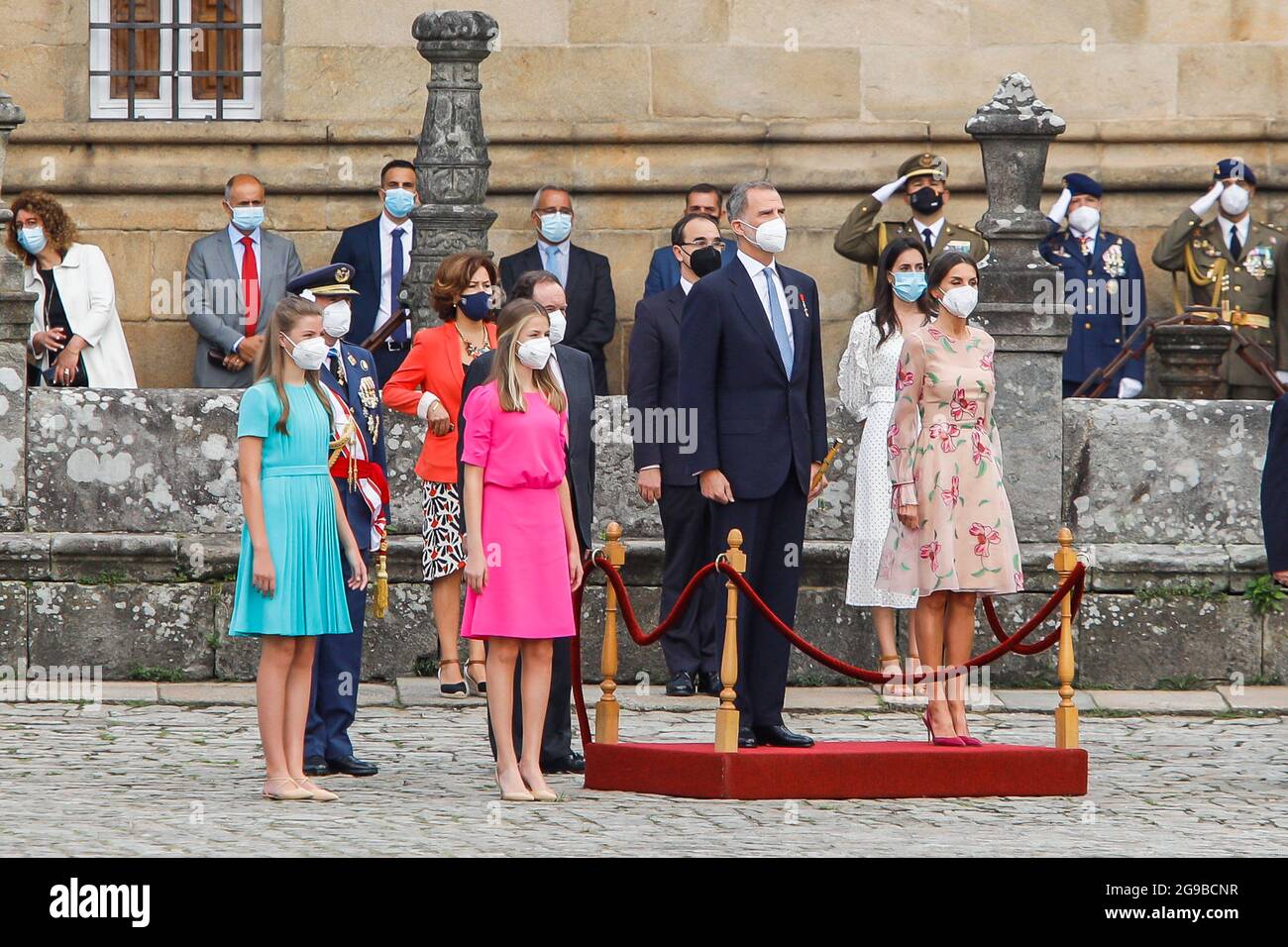 Re Felipe, la regina Letizia, la principessa Leonor e la principessa Sofia frequentano la giornata di San Giacomo alla Cattedrale di Santiago de Compostela, in Spagna, il 25 luglio 2021. Foto di Archie Andrews/ABACAPRESS.COM Foto Stock