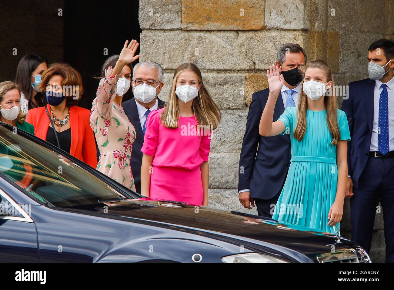 Re Felipe, la regina Letizia, la principessa Leonor e la principessa Sofia frequentano la giornata di San Giacomo alla Cattedrale di Santiago de Compostela, in Spagna, il 25 luglio 2021. Foto di Archie Andrews/ABACAPRESS.COM Foto Stock