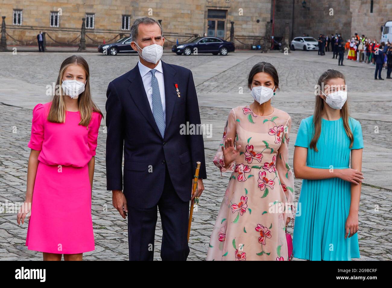 Re Felipe, la regina Letizia, la principessa Leonor e la principessa Sofia frequentano la giornata di San Giacomo alla Cattedrale di Santiago de Compostela, in Spagna, il 25 luglio 2021. Foto di Archie Andrews/ABACAPRESS.COM Foto Stock