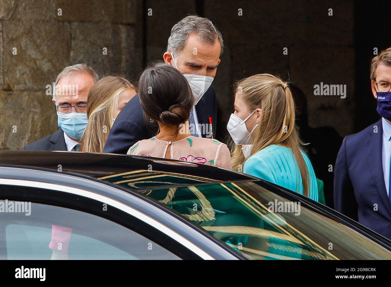 Re Felipe, la regina Letizia, la principessa Leonor e la principessa Sofia frequentano la giornata di San Giacomo alla Cattedrale di Santiago de Compostela, in Spagna, il 25 luglio 2021. Foto di Archie Andrews/ABACAPRESS.COM Foto Stock