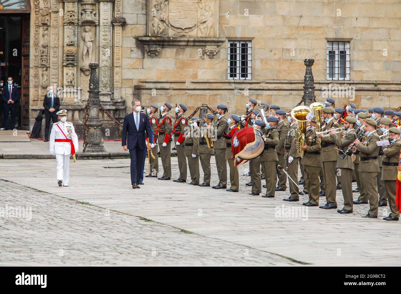 Re Felipe, la regina Letizia, la principessa Leonor e la principessa Sofia frequentano la giornata di San Giacomo alla Cattedrale di Santiago de Compostela, in Spagna, il 25 luglio 2021. Foto di Archie Andrews/ABACAPRESS.COM Foto Stock