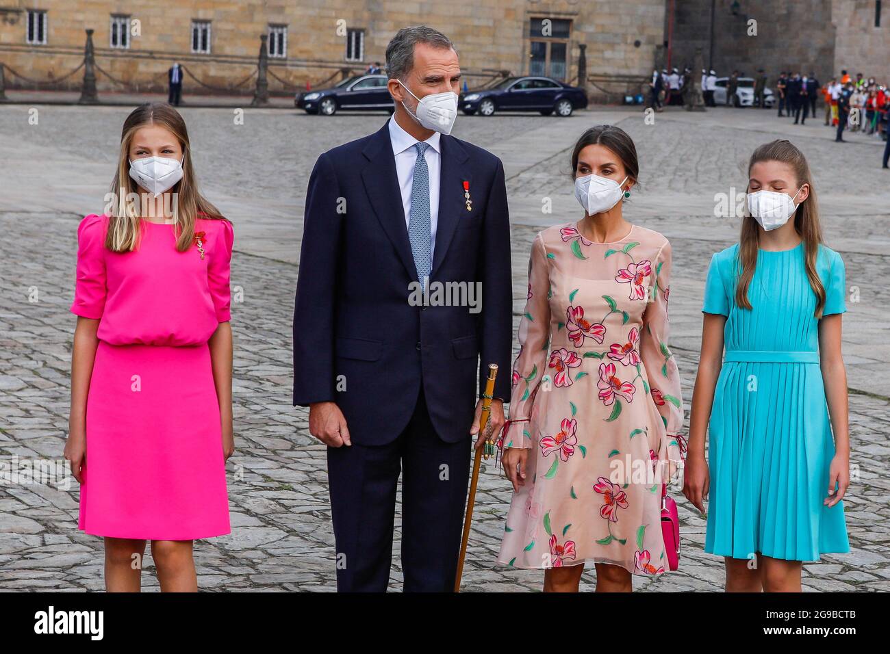 Re Felipe, la regina Letizia, la principessa Leonor e la principessa Sofia frequentano la giornata di San Giacomo alla Cattedrale di Santiago de Compostela, in Spagna, il 25 luglio 2021. Foto di Archie Andrews/ABACAPRESS.COM Foto Stock