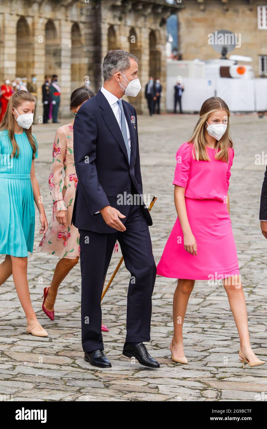 Re Felipe, la regina Letizia, la principessa Leonor e la principessa Sofia frequentano la giornata di San Giacomo alla Cattedrale di Santiago de Compostela, in Spagna, il 25 luglio 2021. Foto di Archie Andrews/ABACAPRESS.COM Foto Stock