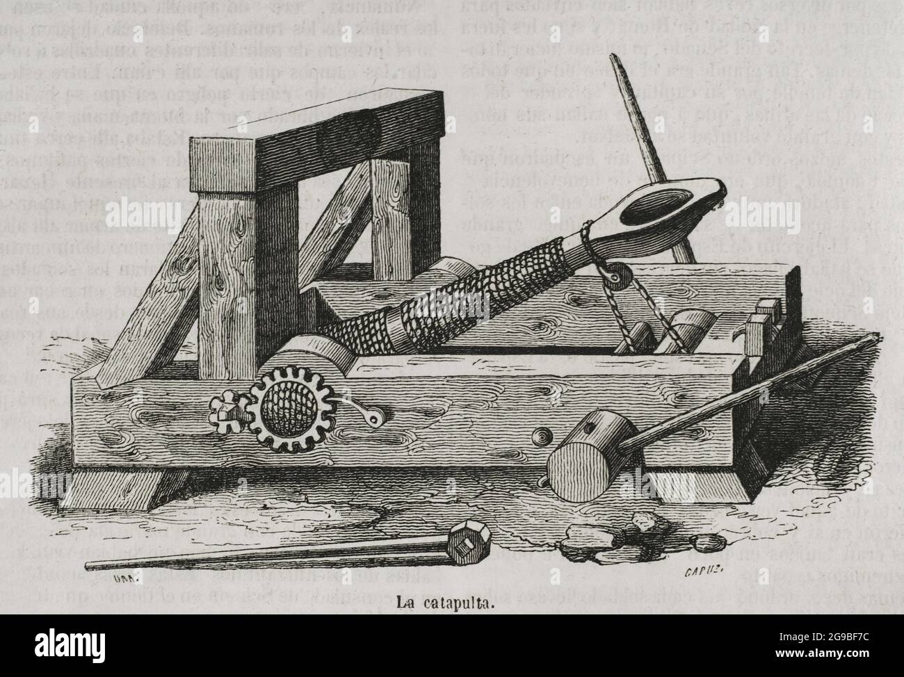 Storia antica. La catapulta. Macchina d'assedio utilizzata per gettare oggetti a distanza come proiettili. Incisione di Capuz. Historia Generale de España di Padre Mariana. Madrid, 1852. Autore: Tomas Carlos Capuz (1834-1899). Incisore spagnolo e xilografo. Foto Stock