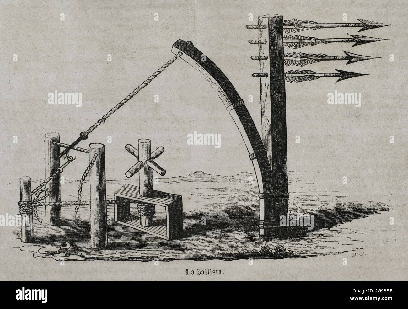 Tempi antichi. La ballista o il lanciabulloni. Antica arma d'assedio che gettò frecce, freccette e giavelline a bersagli lontani. Incisione. Historia Generale de España di Padre Mariana. Madrid, 1852. Foto Stock