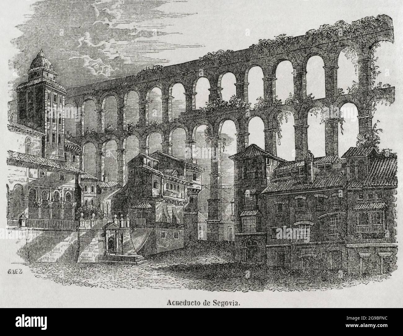 Spagna, Segovia. Acquedotto romano. Incisione. Historia Generale de España di Padre Mariana. Madrid, 1852. Foto Stock