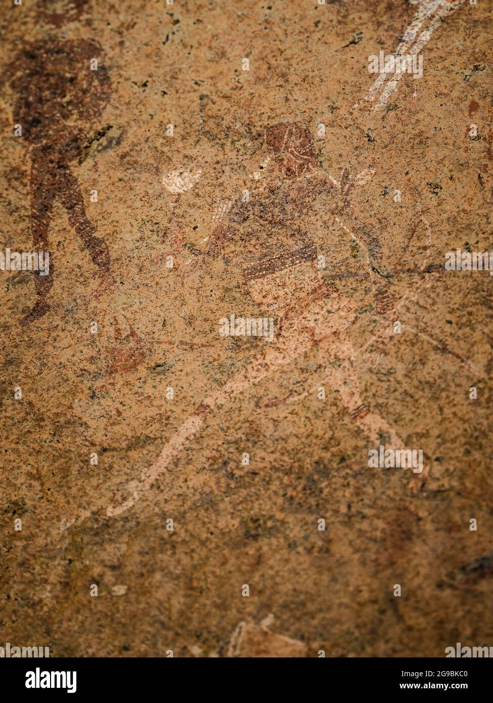 Primo piano della famosa pittura preistorica delle grotte conosciuta come la Signora Bianca di Brandberg, situata ai piedi del monte Brandberg in Namibia. Foto Stock
