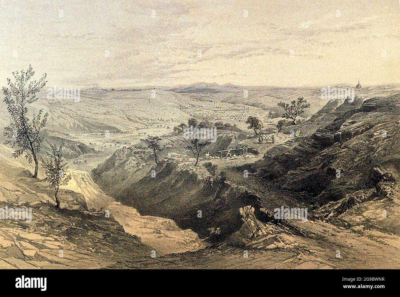 Vista delle campane di petrolio a YenangYoung, Birmania, circa 1858 Foto Stock