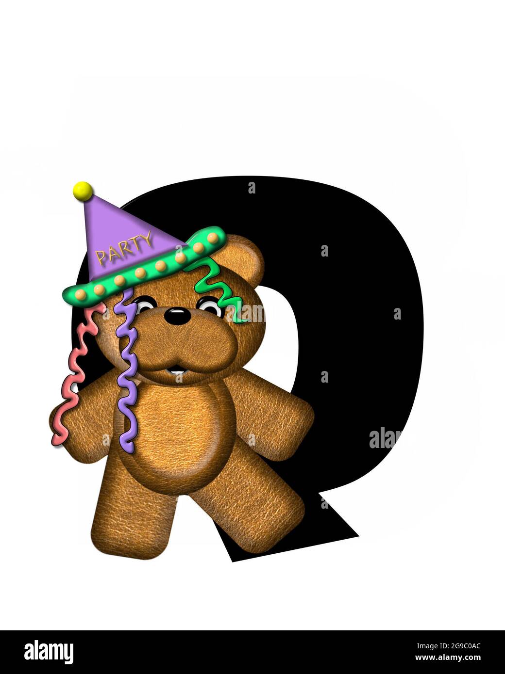 La lettera Q, nell'insieme di lettere 'Teddy Birthday', è nera. Orsacchiotto, cappello da festa e palloncini decorano la lettera. Foto Stock
