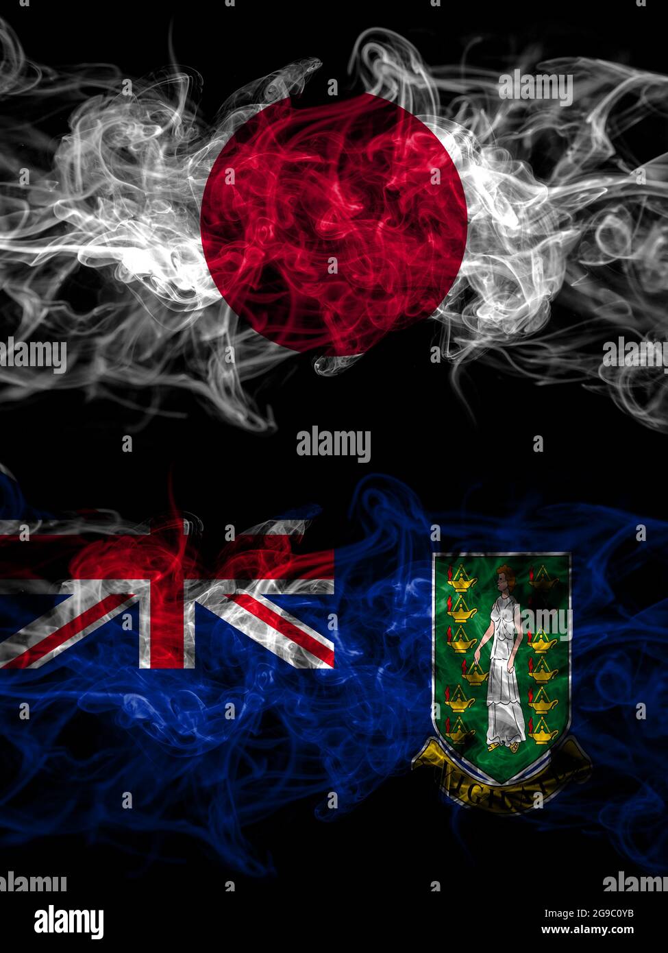 Bandiere di fumo di Giappone, Giappone e Gran Bretagna, Isole Vergini Britanniche Foto Stock