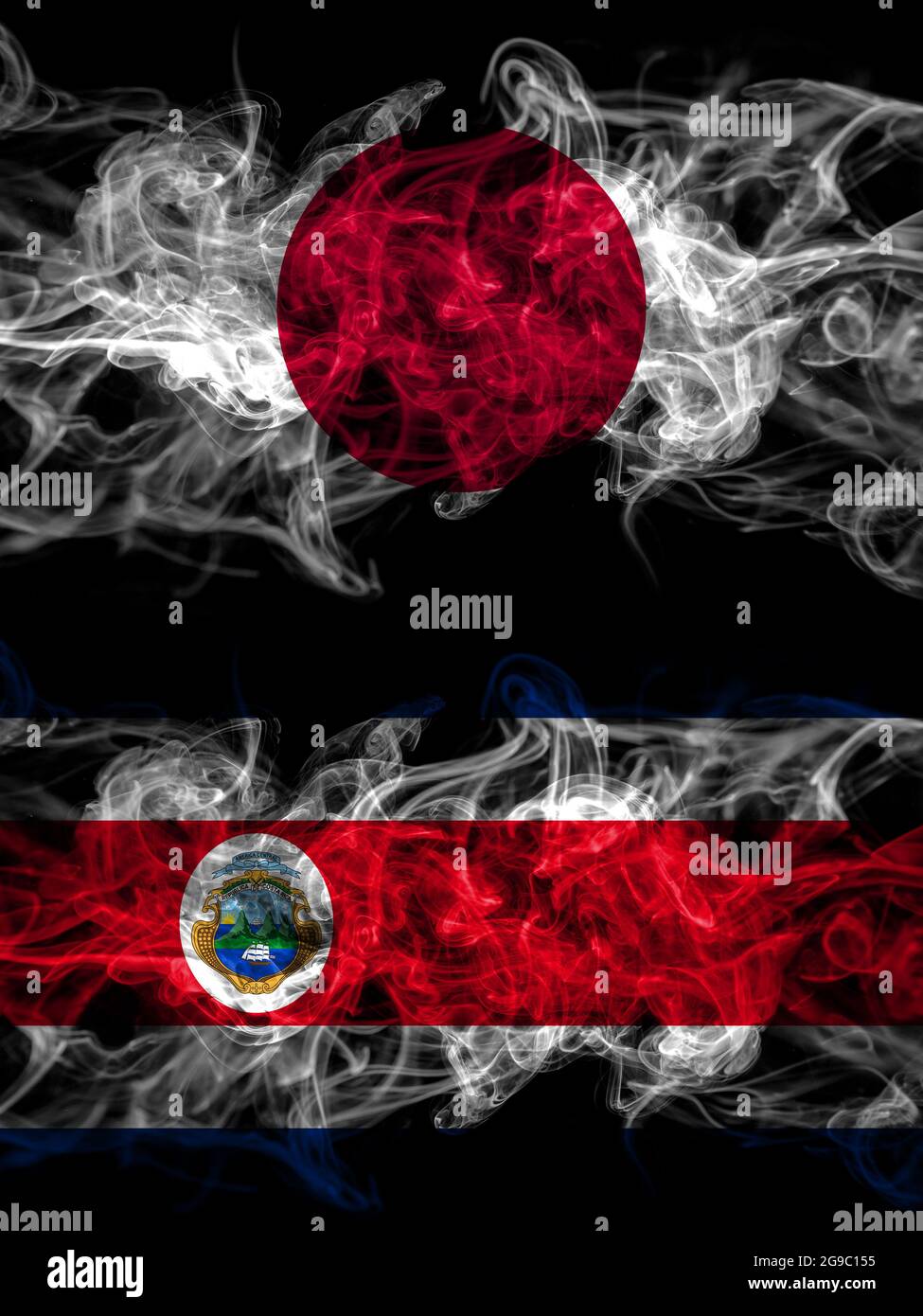Bandiere di fumo di Giappone, Giappone e Costa Rica, cappotto Foto Stock