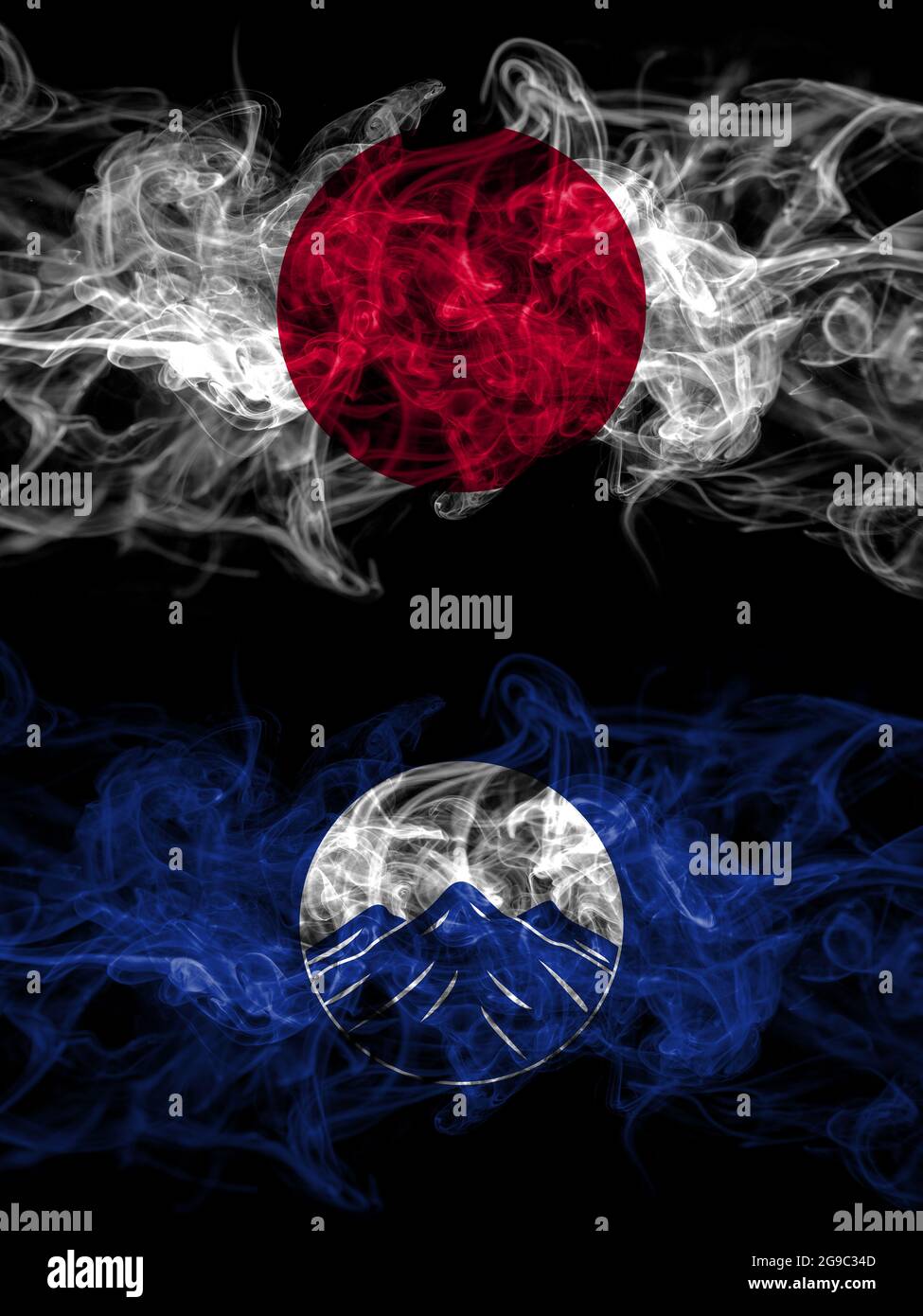 Bandiere di fumo di Giappone, Giappone e Myanmar, Kachin, Stato Foto Stock