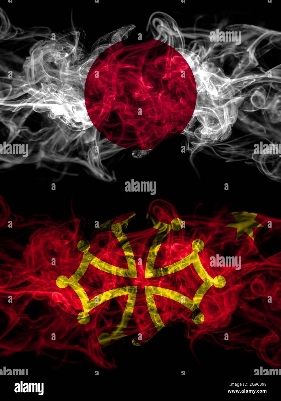 Bandiere di fumo del Giappone, del Giappone e dell'Occitania Foto Stock