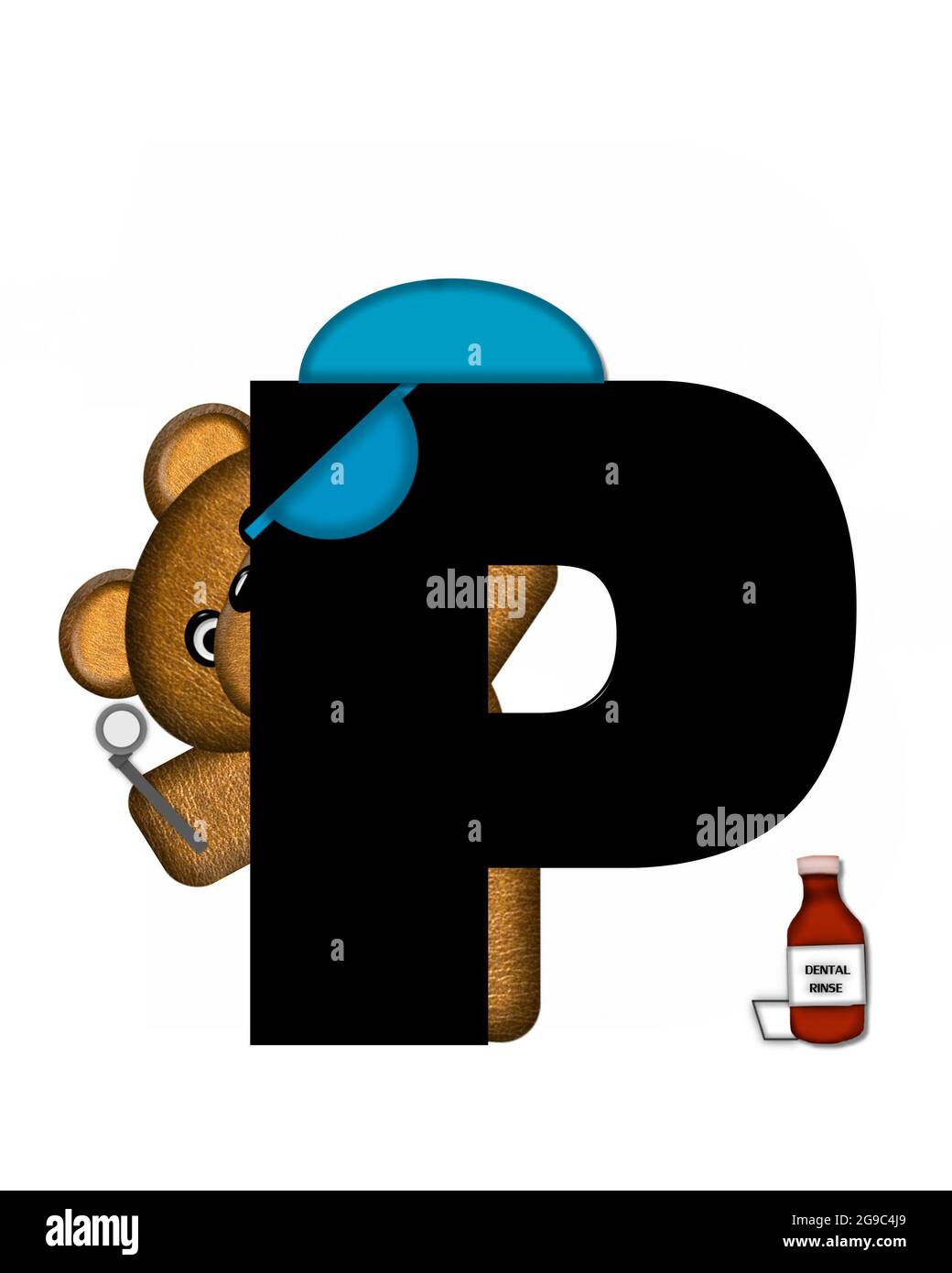 La lettera P, nell'alfabeto 'Teddy Dental Checkup', è nera. L'orso di Teddy rappresenta il dentista e tiene vari attrezzi dentali. Foto Stock