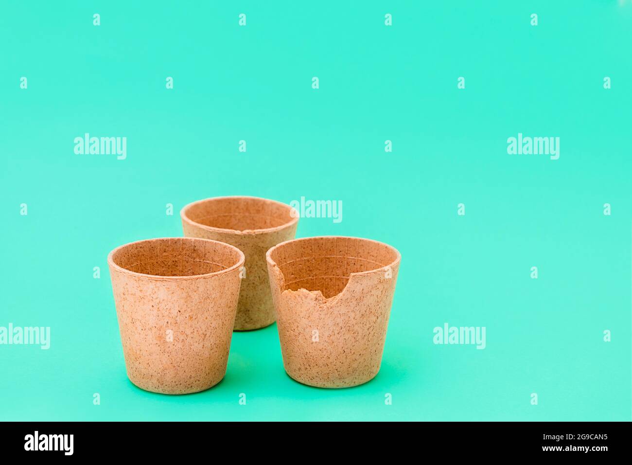 Tre cialde eco su sfondo verde con spazio per il testo, concetto di tazze commestibili Foto Stock