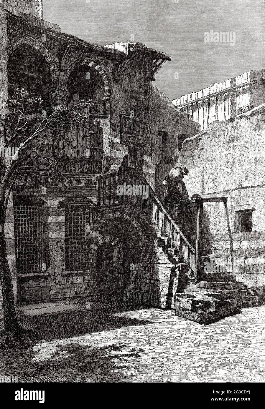 Cortile tradizionale di una casa al Cairo, Egitto, Africa del Nord. Antica illustrazione del 19 ° secolo inciso da El Mundo Ilustrado 1879 Foto Stock