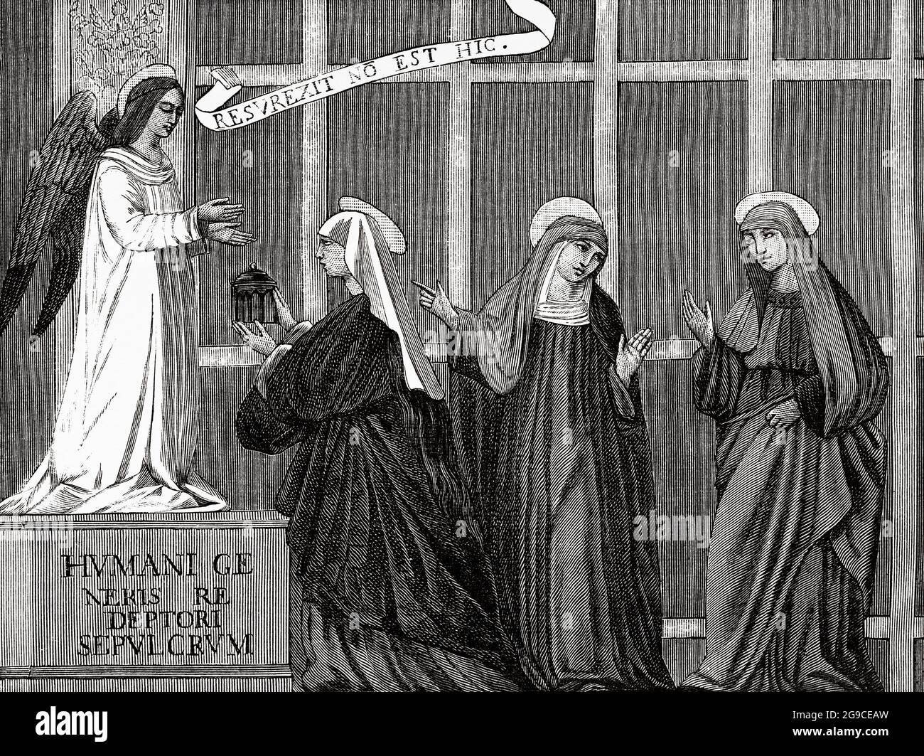 Donne alla tomba di Gesù. Un angelo annuncia la risurrezione di nostro Signore Gesù, figlio di Dio, alle sante donne. Mark libro, nuovo Testamento. Vecchio 19 ° secolo inciso illustrazione da Gesù Cristo di Veuillot 1881 Foto Stock