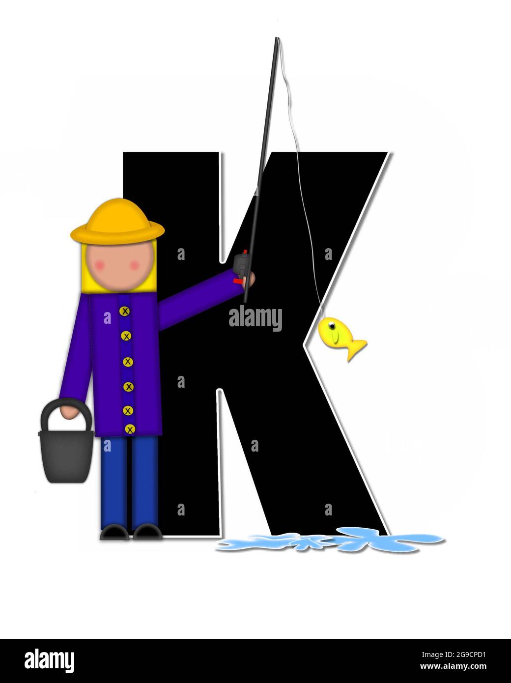 La lettera K, nell'insieme dell'alfabeto 'bambini spariti pesca,' è nera delineata con bianco. Bambini, verga e bobina, secchio, acqua e pesce decorare lett Foto Stock