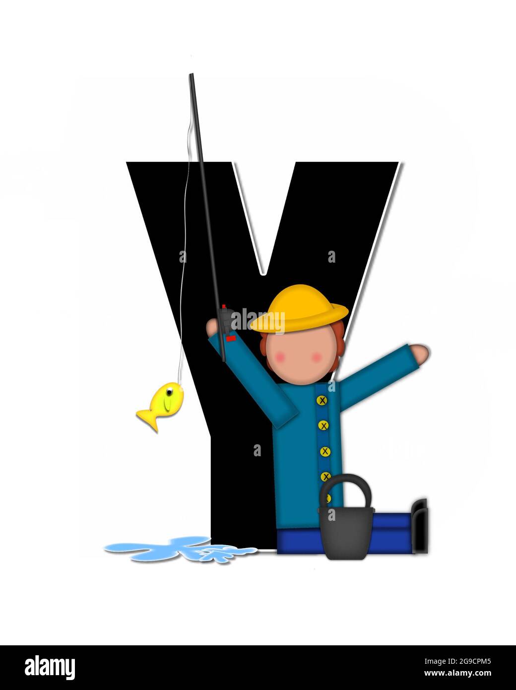 La lettera Y, nell'insieme dell'alfabeto 'Bambini pesca andato,' è nera delineata con bianco. Bambini, verga e bobina, secchio, acqua e pesce decorare lett Foto Stock