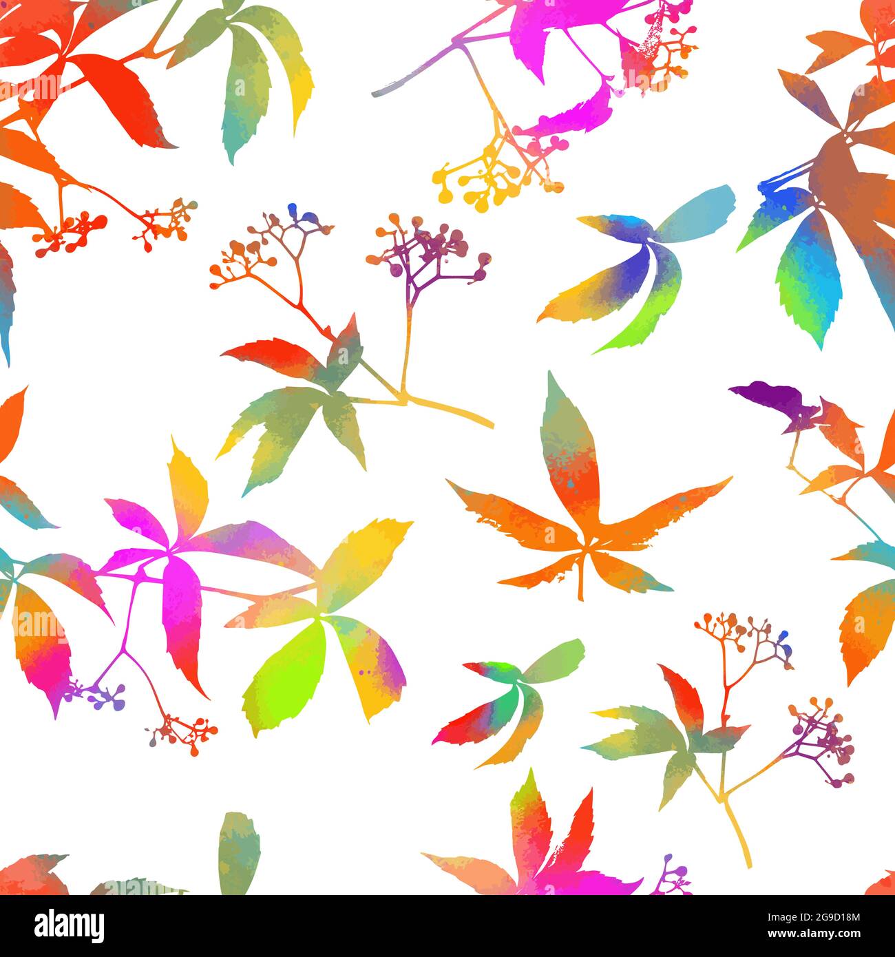 Foglie d'uva multicolore a sfondo senza cuciture. Stampa arcobaleno. Supporti misti. Illustrazione vettoriale Illustrazione Vettoriale