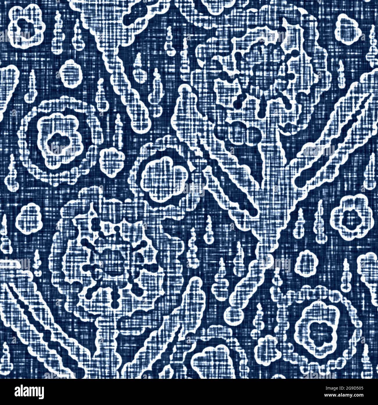 Acid wash blu effetto jean texture con decorativo lino motivo floreale sfondo. Tessuto di moda in tessuto denim senza cuciture su tutta la stampa. Foto Stock
