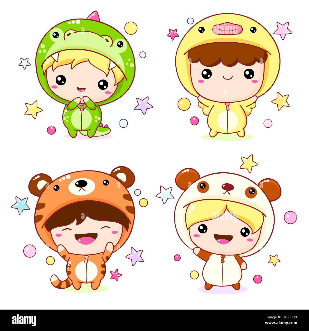 Set di kawaii ragazzo e ragazza in costumi animali. Raccolta di cartoni animati cute bambini in kigurumi pigiama sotto forma di tigre, panda, anatra, drago. Vettore Illustrazione Vettoriale