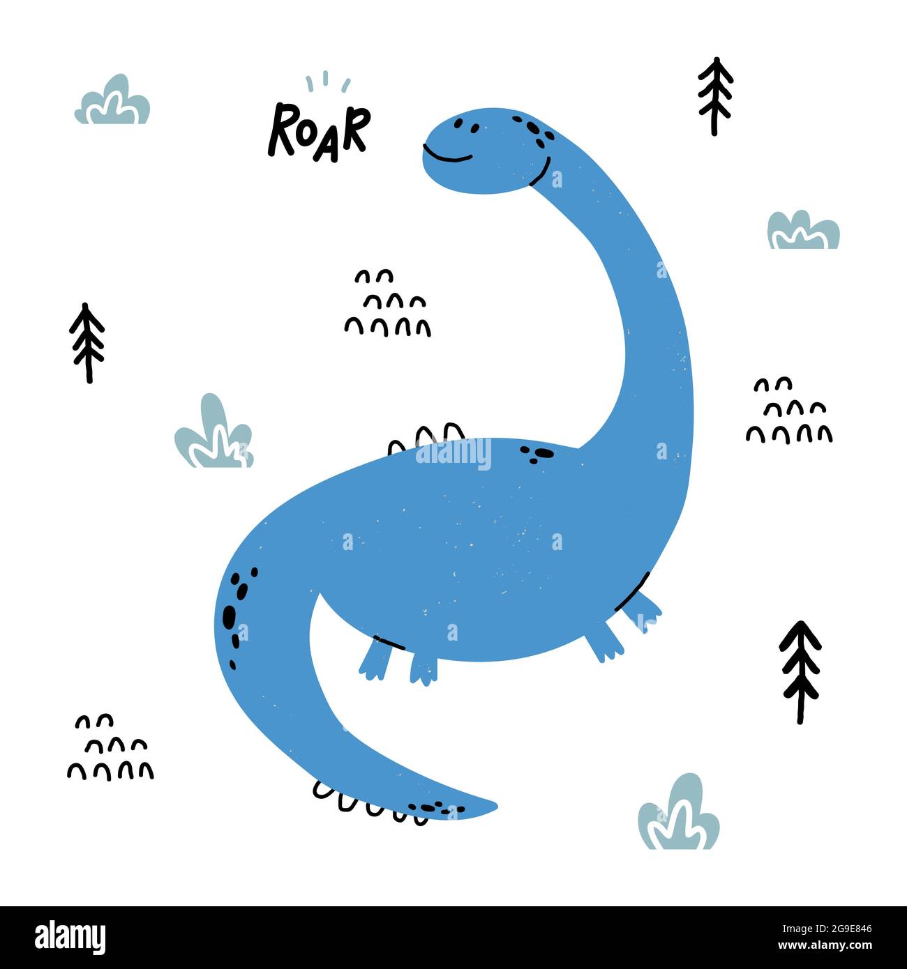 Dino Diplodocus in stile cartone animato scandinavo. Illustrazione Vettoriale