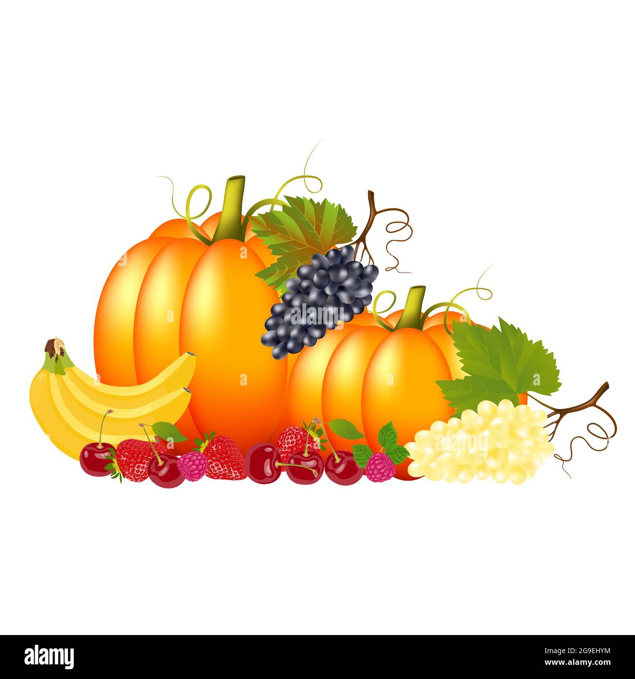 Splendide verdure mature e gustose, frutta e bacche su sfondo bianco. Illustrazione astratta, poster o sfondo con frutti luminosi e colorati Illustrazione Vettoriale