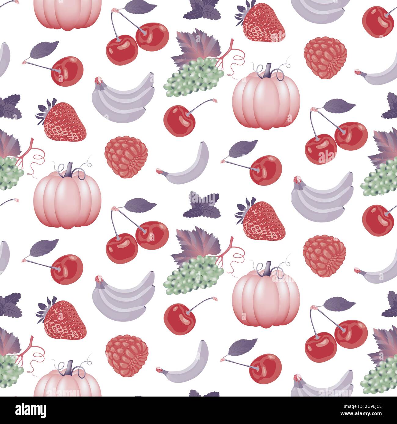 Frutta matura succosa, frutti di bosco e verdure senza cuciture. Colorato vettore illustrazione di fragola, lampone, uva, zucca, banana, ciliegio. Illustrazione Vettoriale