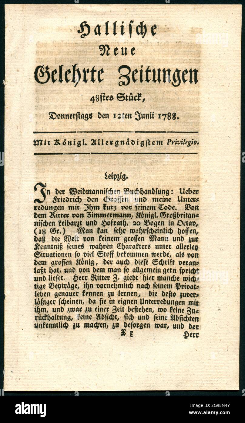 Germania, Sassonia-Anhalt, Halle, titolo del giornale storico: «Hallische Neue Gelehrte Zeitungen, INFORMAZIONI-DIRITTI-AGGIUNTIVI-DI-LIQUIDAZIONE-NON-DISPONIBILI Foto Stock