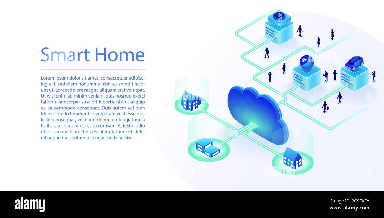Concetto domestico intelligente come banner Web. illustrazione vettoriale isometrica 3d di case e dispositivi collegati tramite cloud. Illustrazione Vettoriale