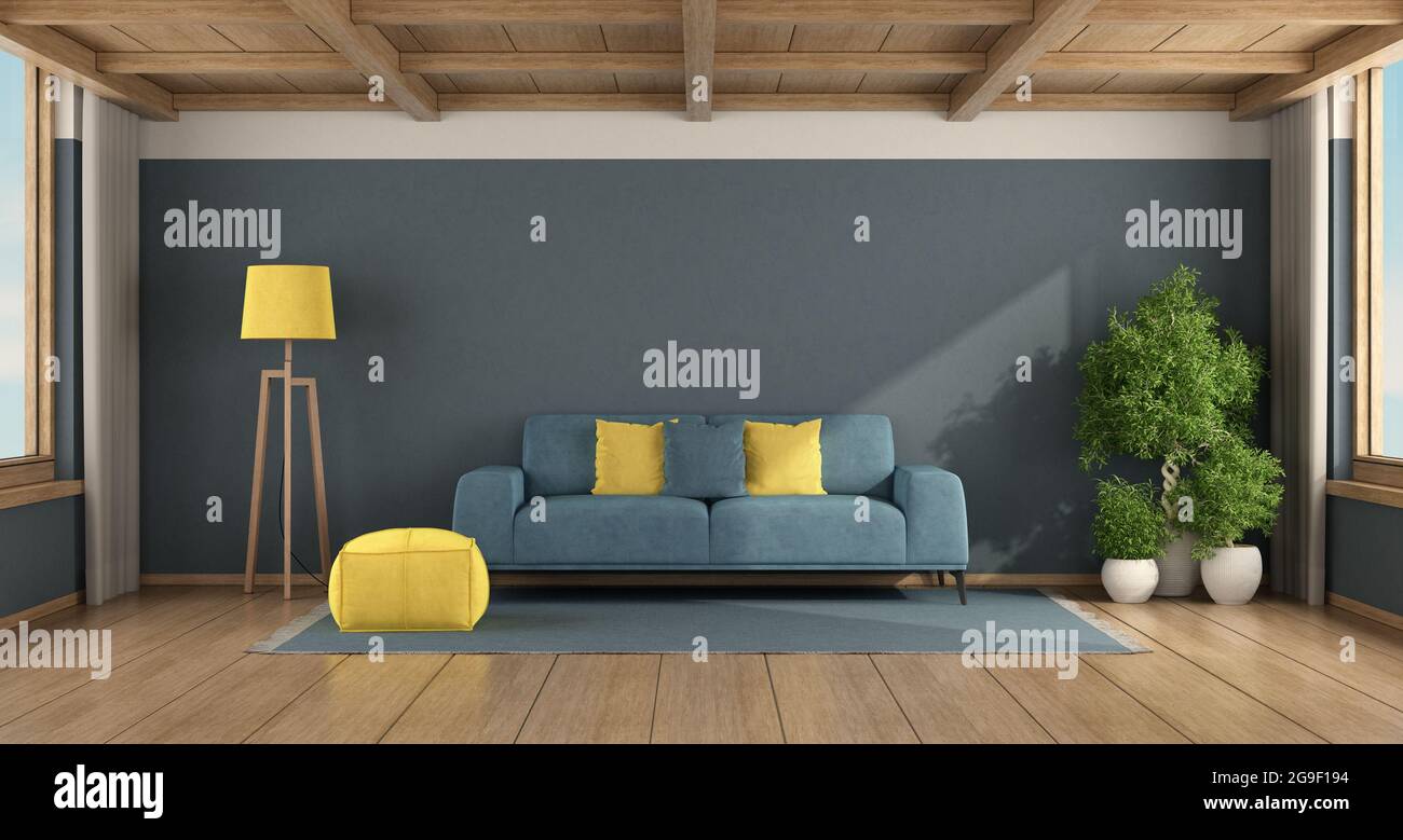 Moderno soggiorno con divano blu, cuscini gialli e soffitto in legno -  rendering 3d Foto stock - Alamy