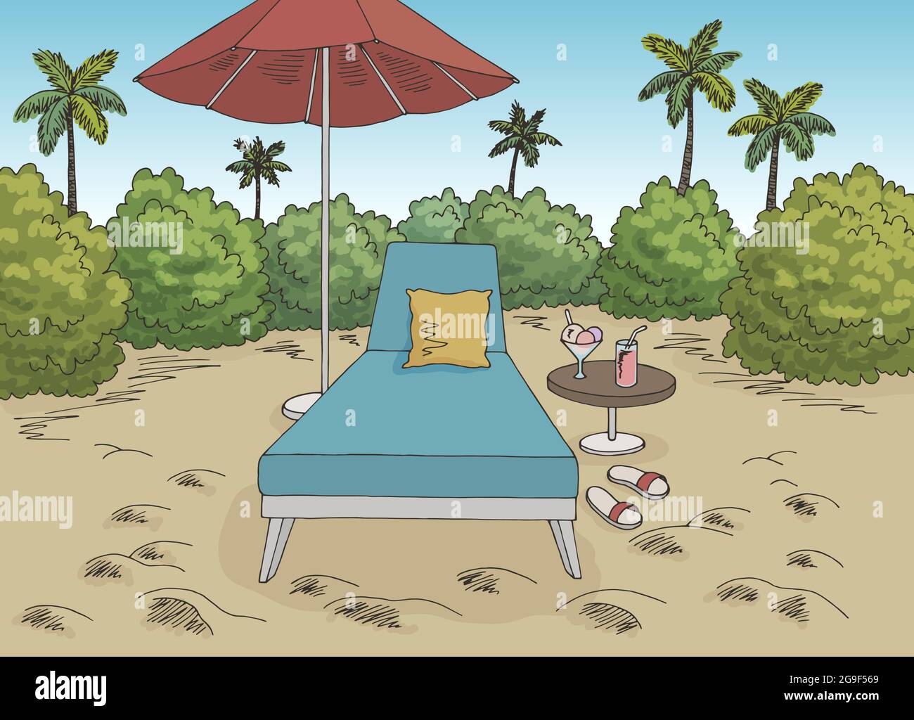 Spiaggia vacanza grafica colore paesaggio disegno vettoriale Illustrazione Vettoriale