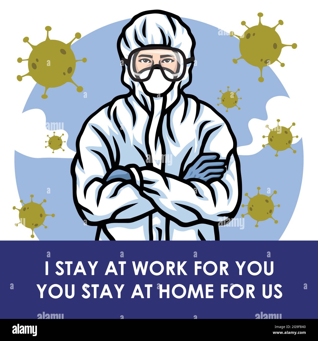 Medico lavoratore medico infermiere Avvertenza di rimanere a casa per prevenire Coronavirus COVID-19 Vector Illustration PSA Poster Illustrazione Vettoriale