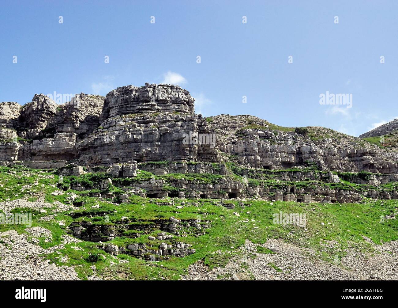PRIMA GUERRA MONDIALE. Il Monte Pasubio fu teatro di feroci combattimenti da parte dei soldati italiani e dei soldati austro-ungarici. Austro zona ungherese dietro la parte anteriore. Rifugi in grotta. Foto Stock