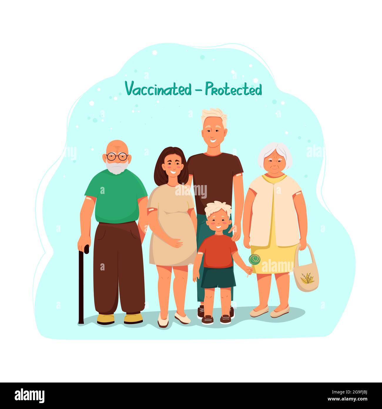 Famiglia dopo la vaccinazione, vaccinata - protetta. Caratteri cartoni animati vettoriali. Illustrazione piatta Illustrazione Vettoriale