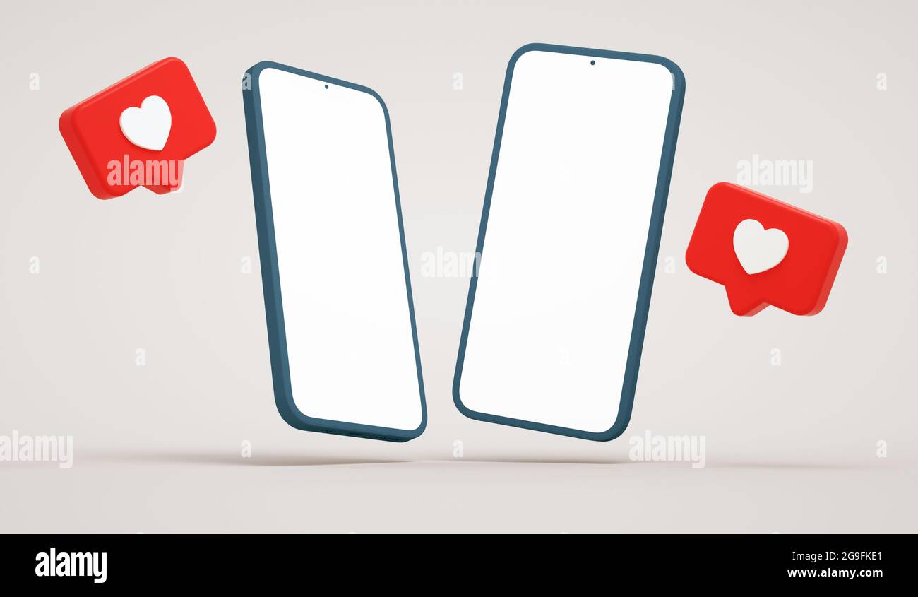 Due mockup di telefoni a schermo vuoto con notifiche sui social media. Display per smartphone e pulsanti di social network, modello di presentazione realistico in 3D re Foto Stock