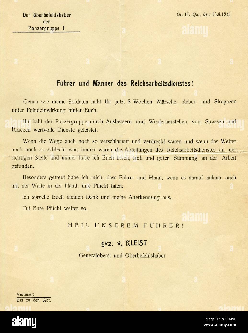 Europa, Germania, Reichs Labour Service, riconoscimenti agli uomini del Reichs Labour Service dal 16. 08. 1941 di v. Kleist, REDAZIONALE-A-USO-SOLO Foto Stock