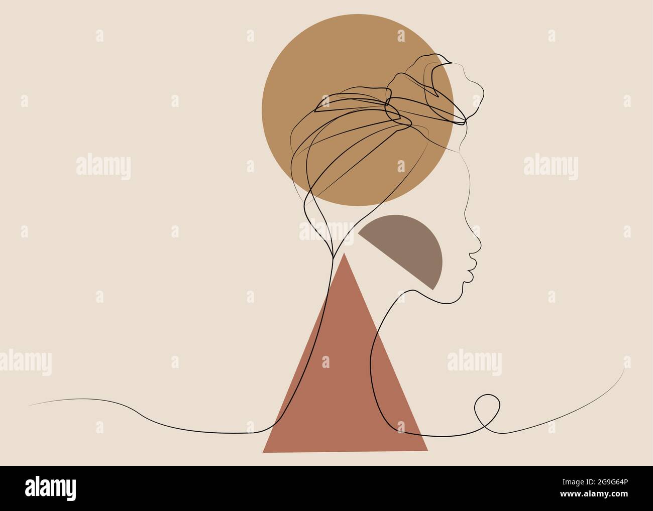 Donna nera ritratto afro con forme geometriche sfondo. Profilo femminile linea continua art. Black Beauty Concept. Vettore astratto Beauty persona Illustrazione Vettoriale