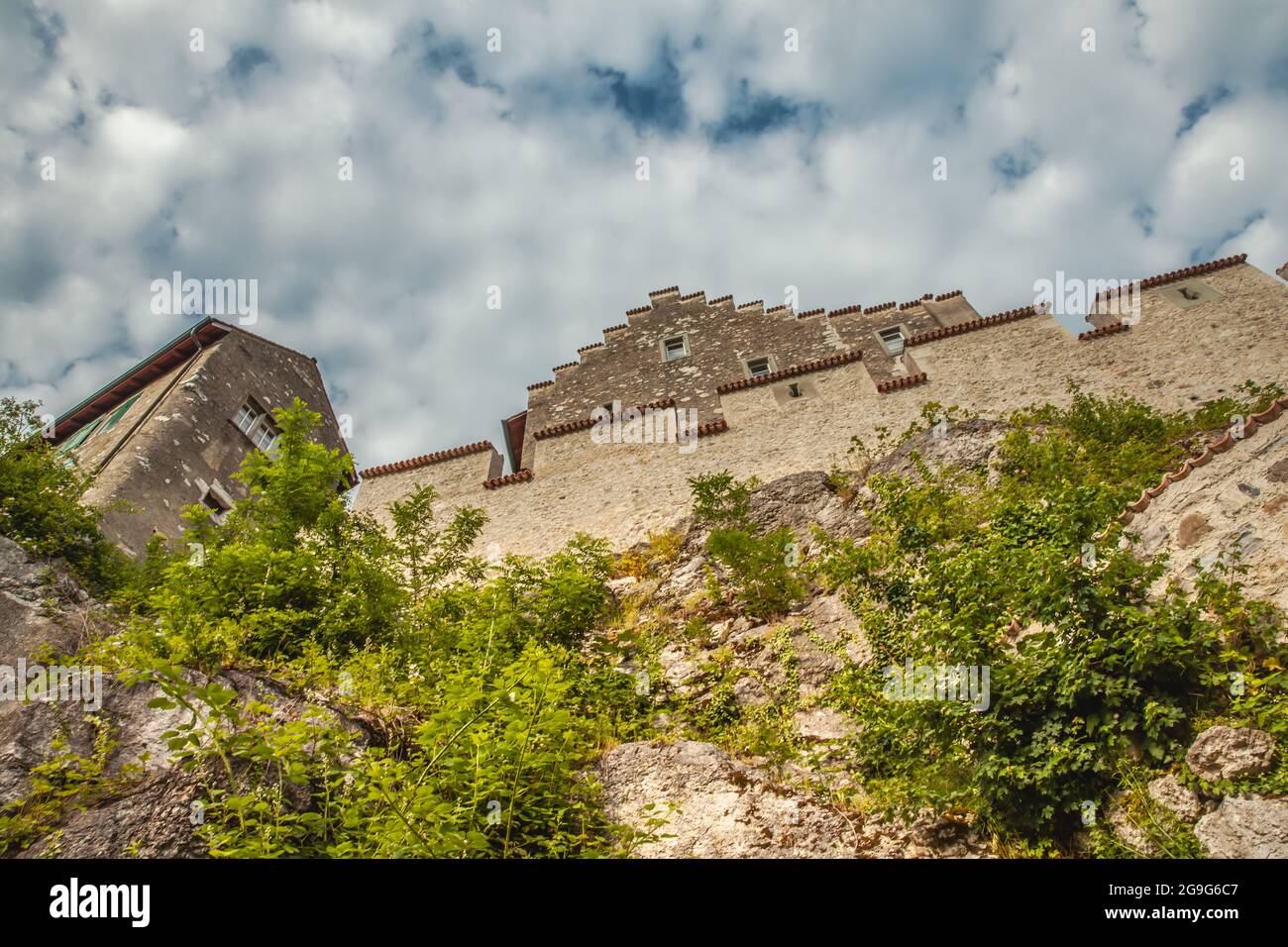 Vista dettagliata del Castello di Laufen a Laufen-Uhwiesen alle Cascate del Reno Foto Stock