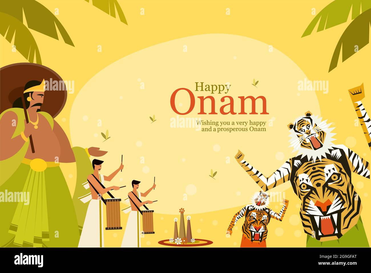 Onam Festival saluto sfondo con re Mahabali e forme d'arte tradizionale. Onam è un festival di raccolto in Kerala, India Illustrazione Vettoriale