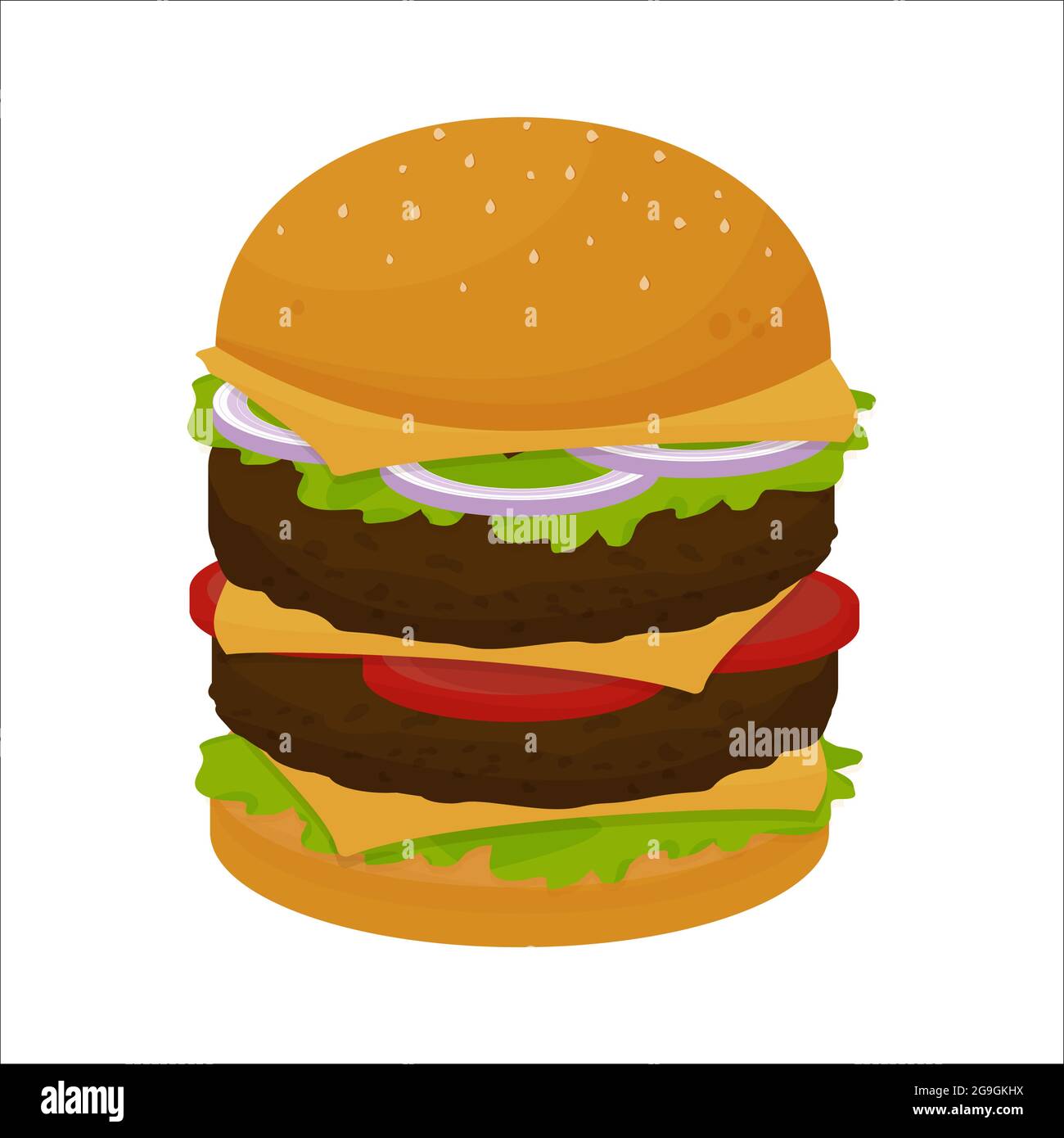 Dettaglio cheeseburger doppio isolato su sfondo bianco. Menu fast food, pasto da asporto, gustoso hamburger grande e classico. Un oggetto, clipart. Illustrazione vettoriale Illustrazione Vettoriale