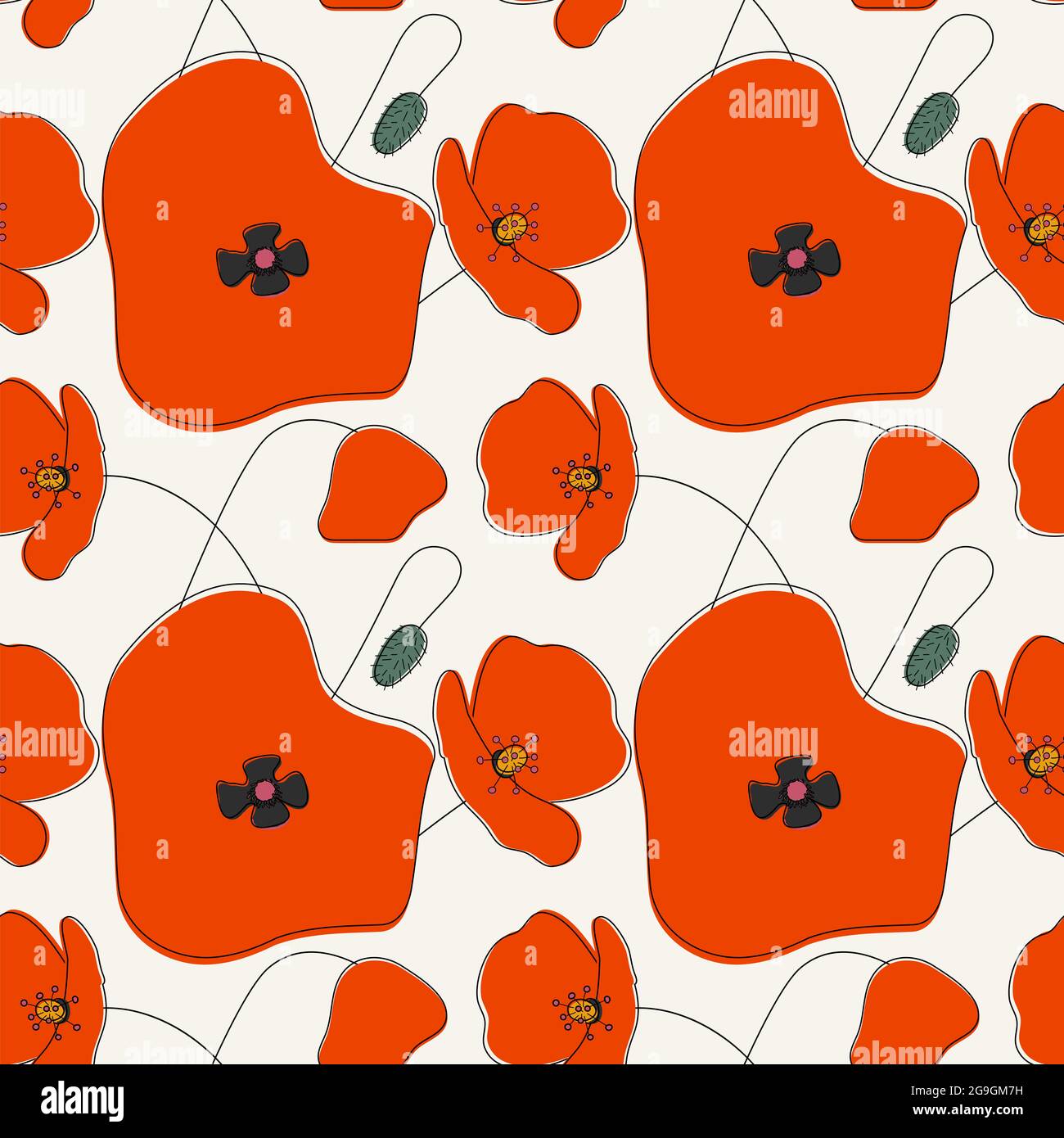 Senza cuciture semplice disegno a mano cute di grandi papaveri rossi su sfondo chiaro.Endless ornamento floreale con fiori selvatici.sfondo colorato Foto Stock