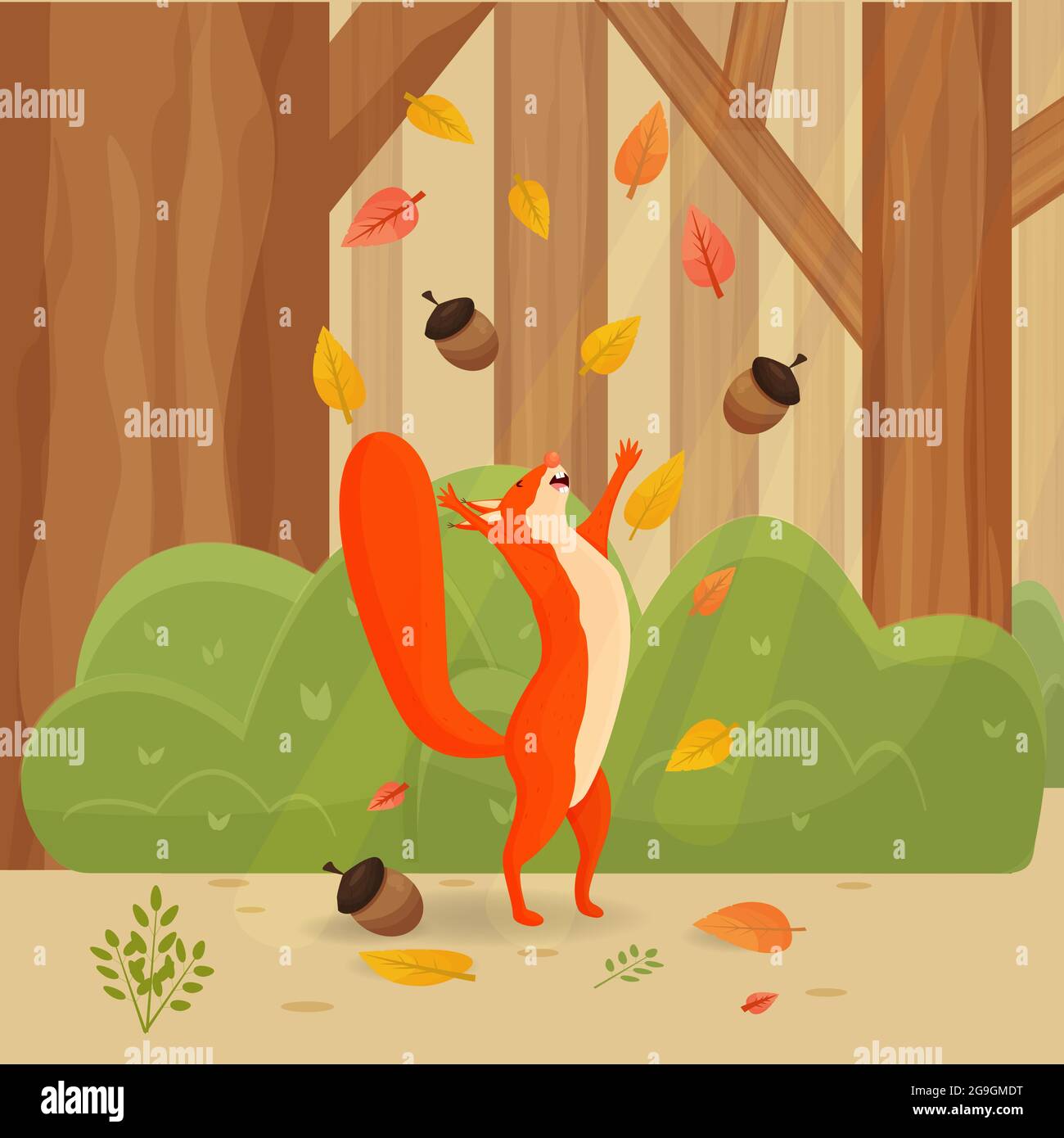 Happy cartoon, fumetto scoiattolo con foglie d'autunno in scenario forestale, paesaggio, sfondo colorato e luminoso stock illustrazione vettoriale. Illustrazione vettoriale Illustrazione Vettoriale