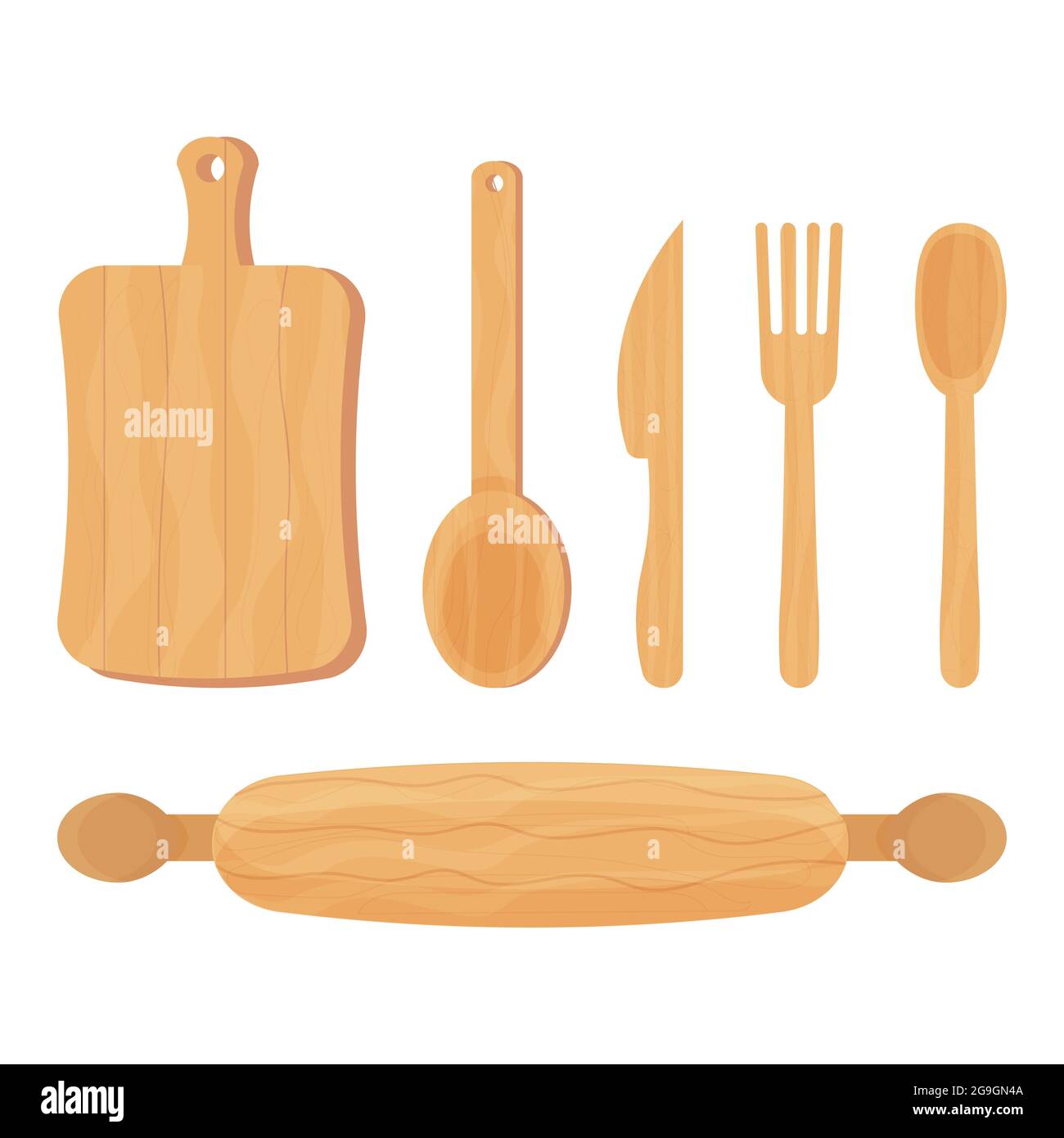 Set di utensili da cucina in legno da cucina cucchiaio, coltello, forchetta, perno di rotolamento isolato su sfondo bianco. Materiale ecologico, riutilizzabile. Illustrazione vettoriale Illustrazione Vettoriale