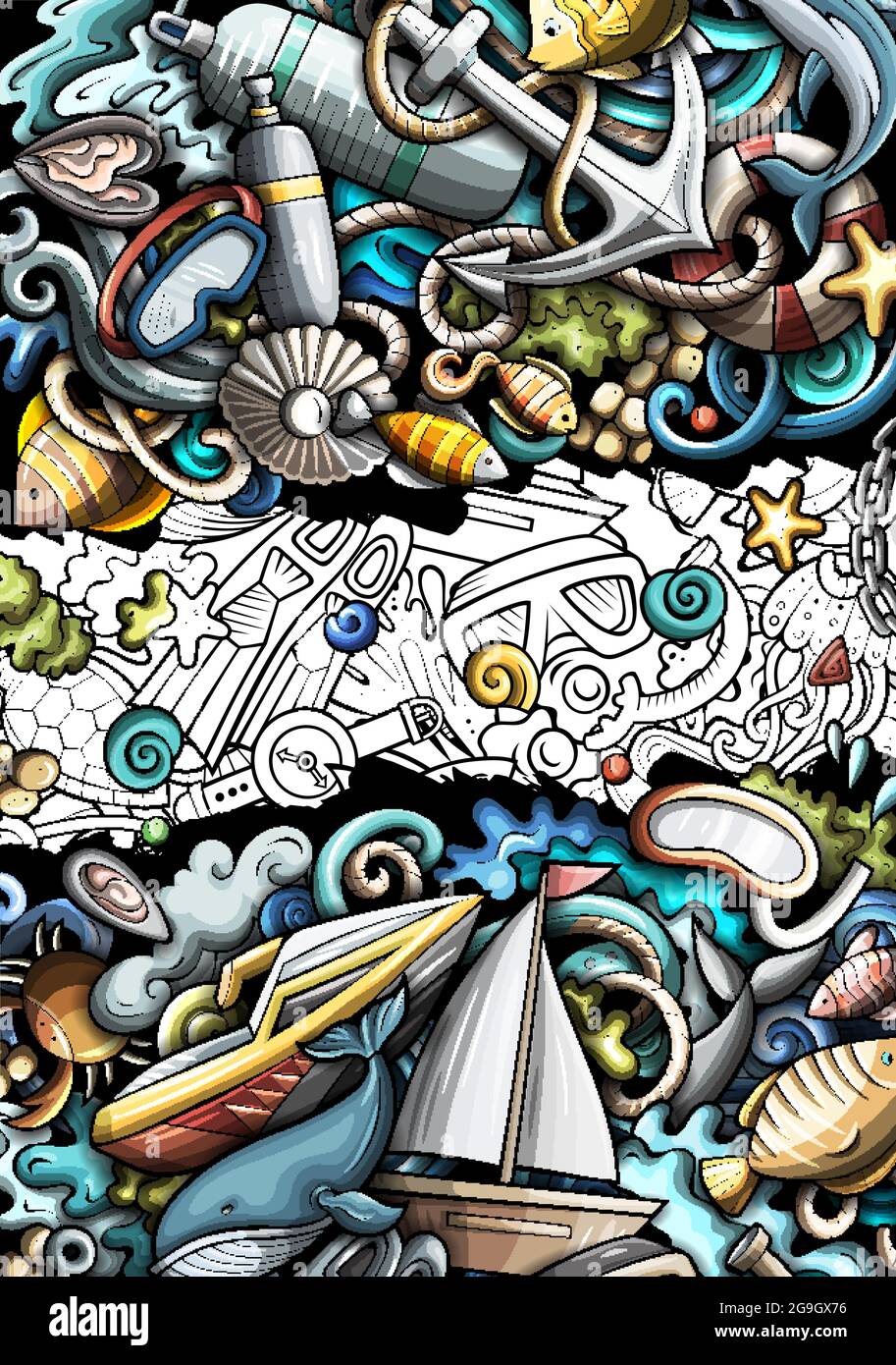 Diving mano tirata doodle banner. Poster dettagliato del vettore cartoon Illustrazione Vettoriale